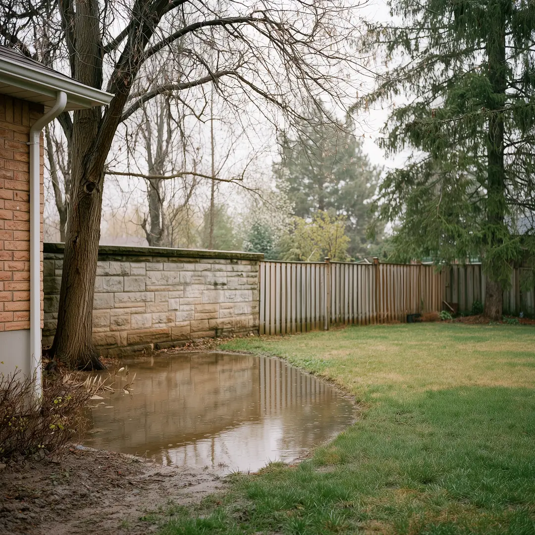 Standing water pooling against a house foundation in a GTA backyard after rain has saturated clay soil