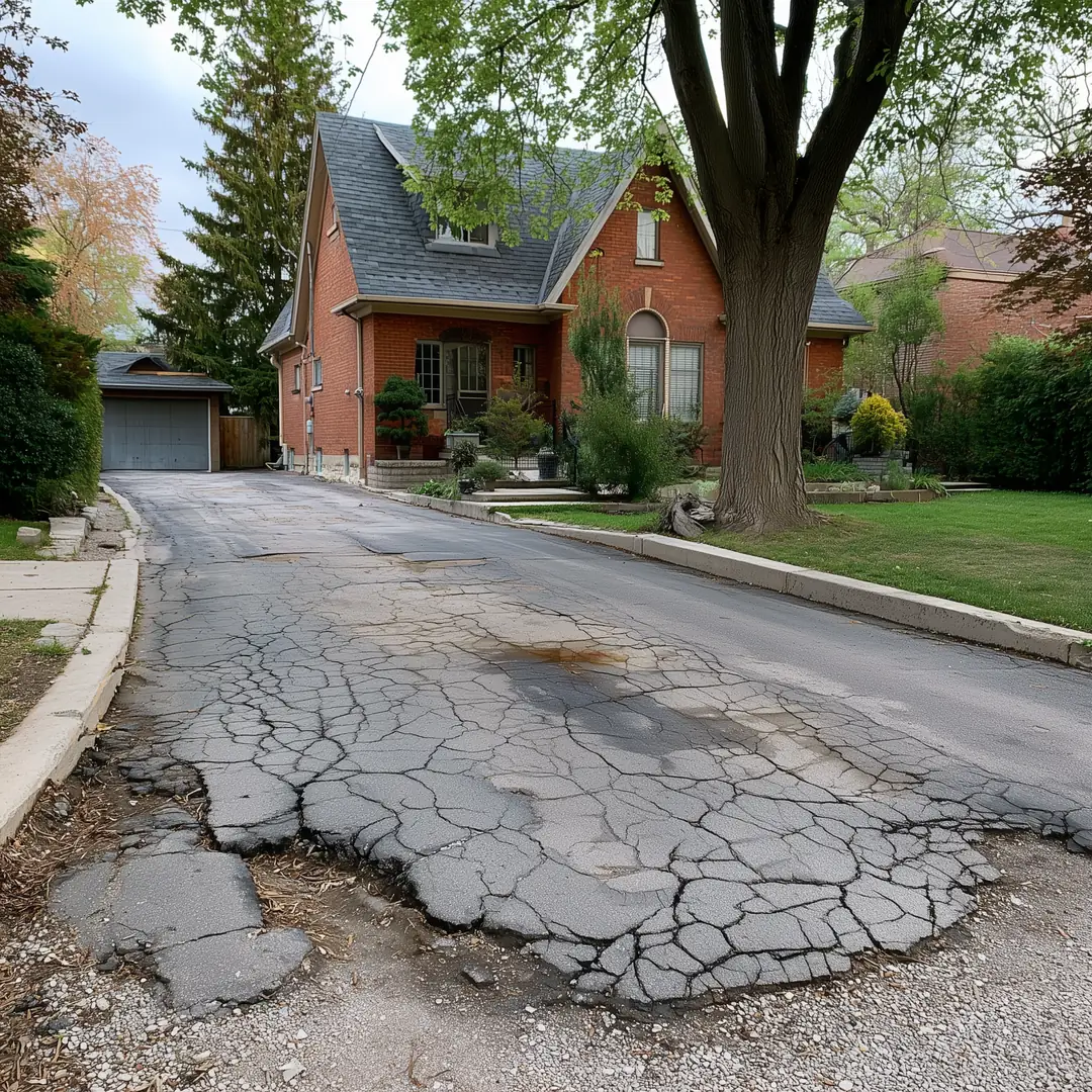 Severely cracked black asphalt driveway at a Toronto brick house with alligator cracking and edge failure