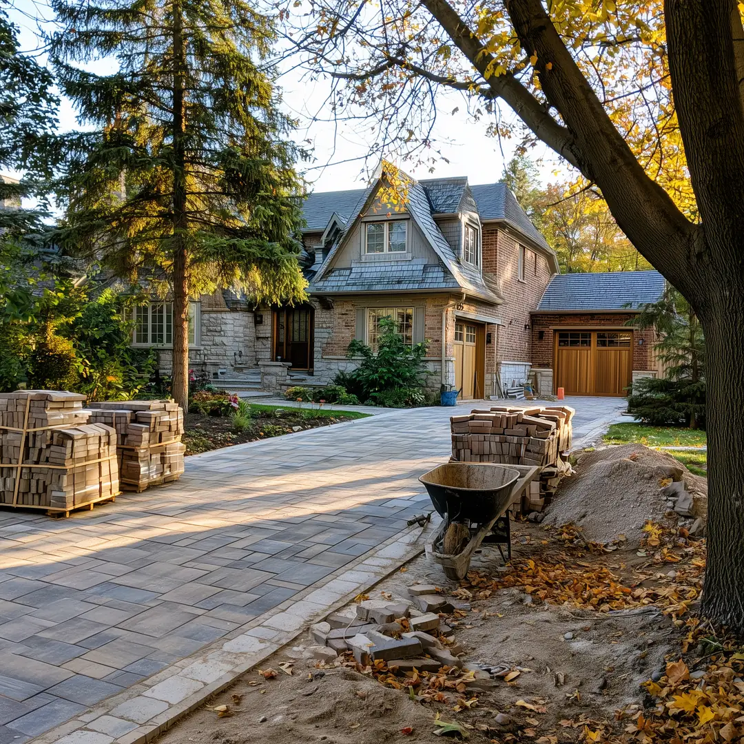 Residential driveway site at end of a work day, paver bundles and wheelbarrow at edge of partially laid interlock surface