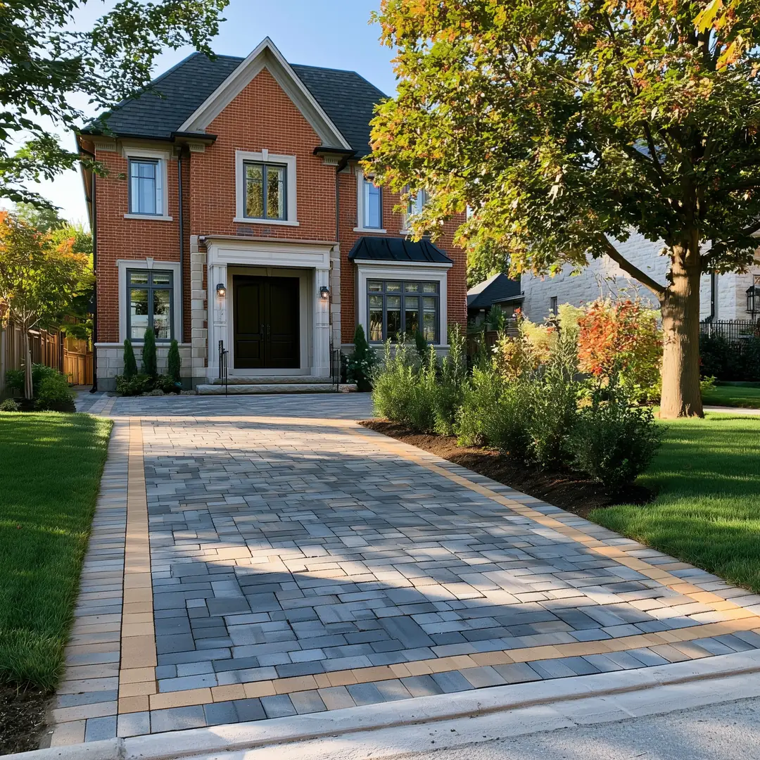 Completed charcoal interlock paver driveway with soldier course border in Richmond Hill