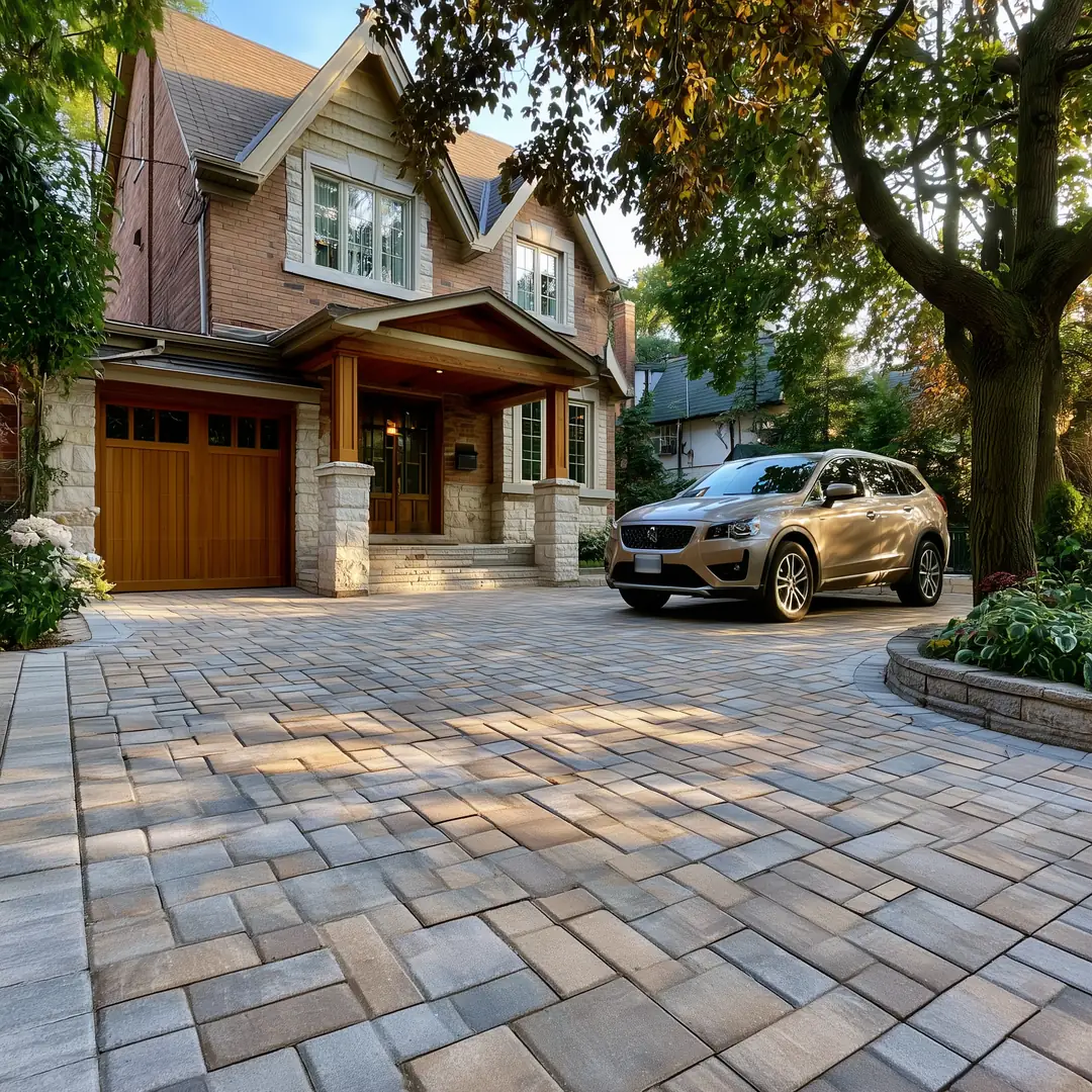 Same Toronto driveway section after interlock repair with level pavers and fresh polymeric sand joints