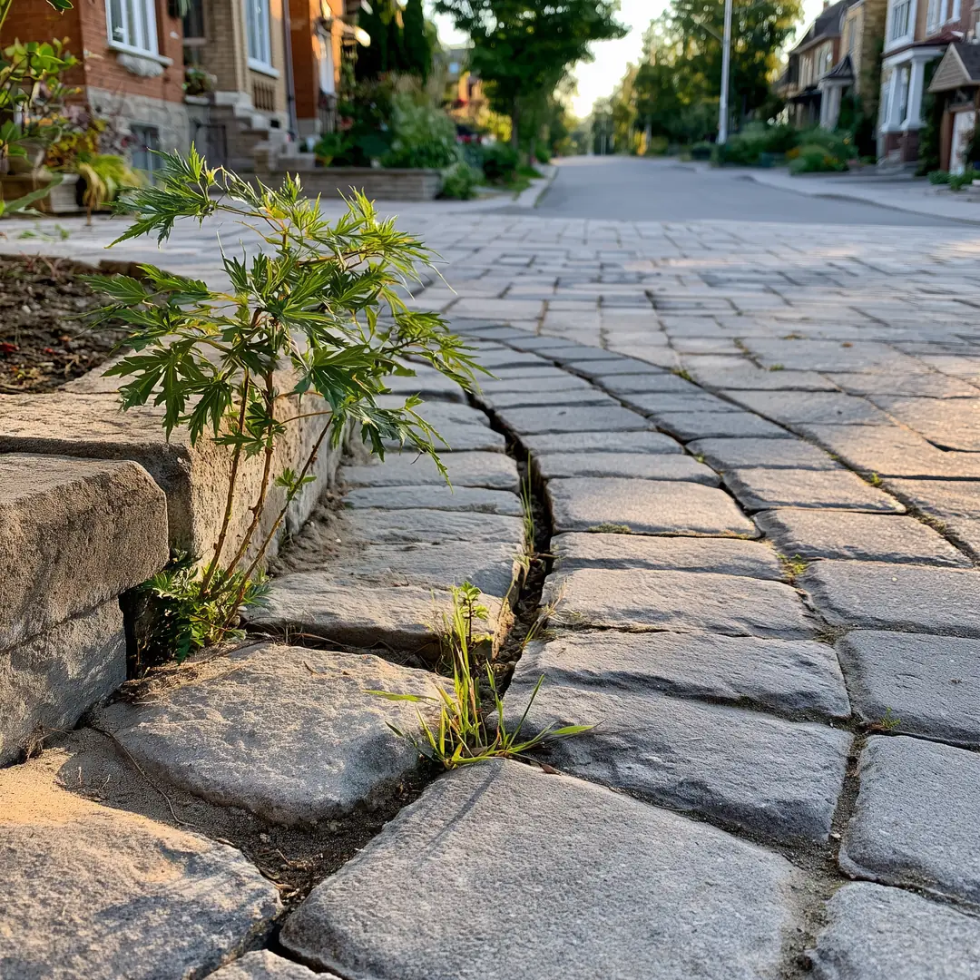 Sunken interlock driveway section at a Toronto semi-detached house with uneven pavers and washed-out joint sand