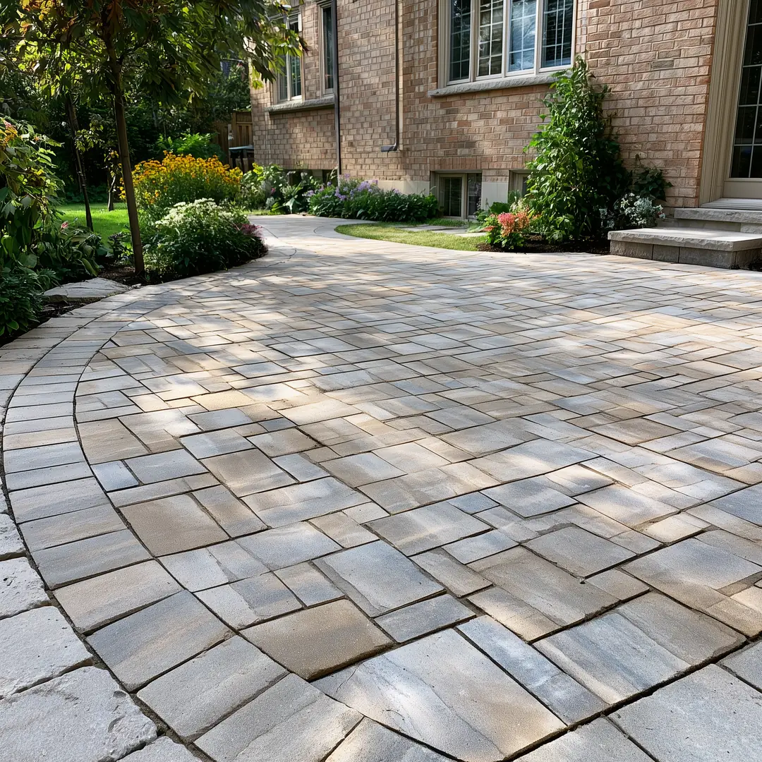 Repaired interlock patio with all pavers reset level and fresh polymeric sand in uniform joints at a Toronto home