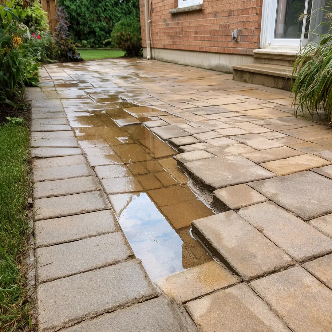 Sunken and uneven interlock patio pavers with standing water in the low section at a Toronto residential backyard