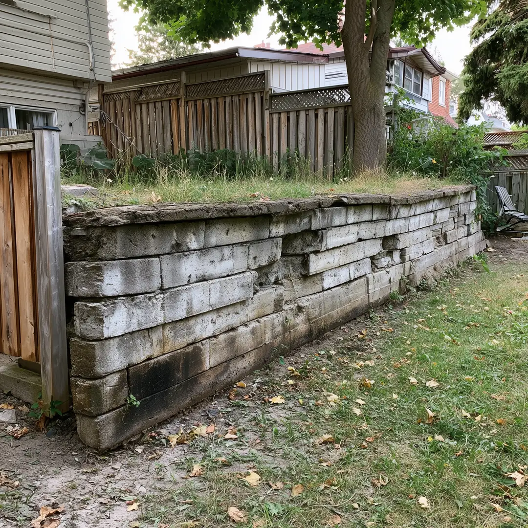 Leaning concrete block retaining wall in a Toronto backyard blocks bowing under soil pressure, moisture staining at base