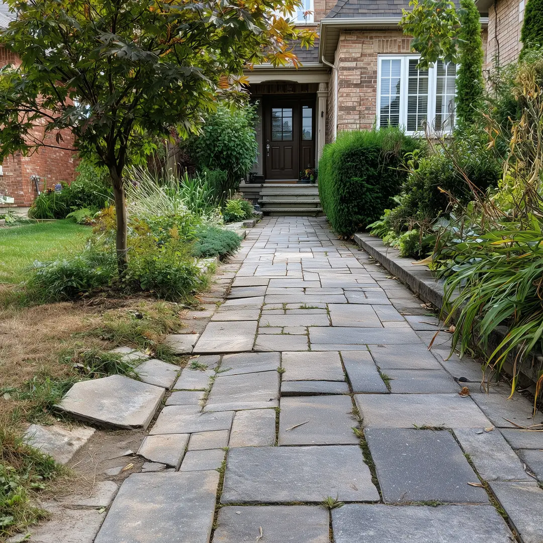 Heaved and uneven interlock walkway at a GTA home with lifted pavers and weed-filled joints