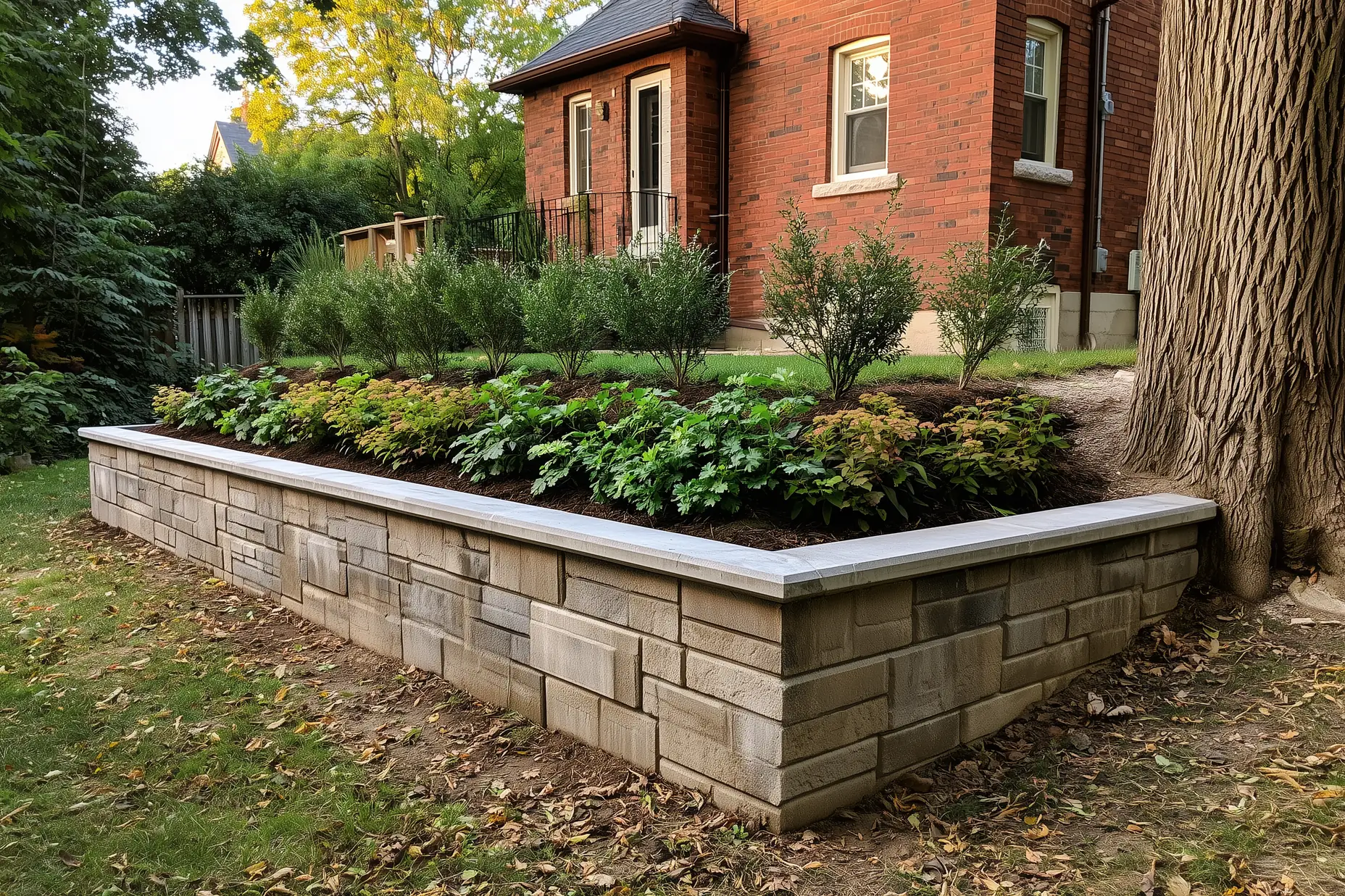 Finished concrete block retaining wall with capstones and raised garden in a Toronto residential backyard