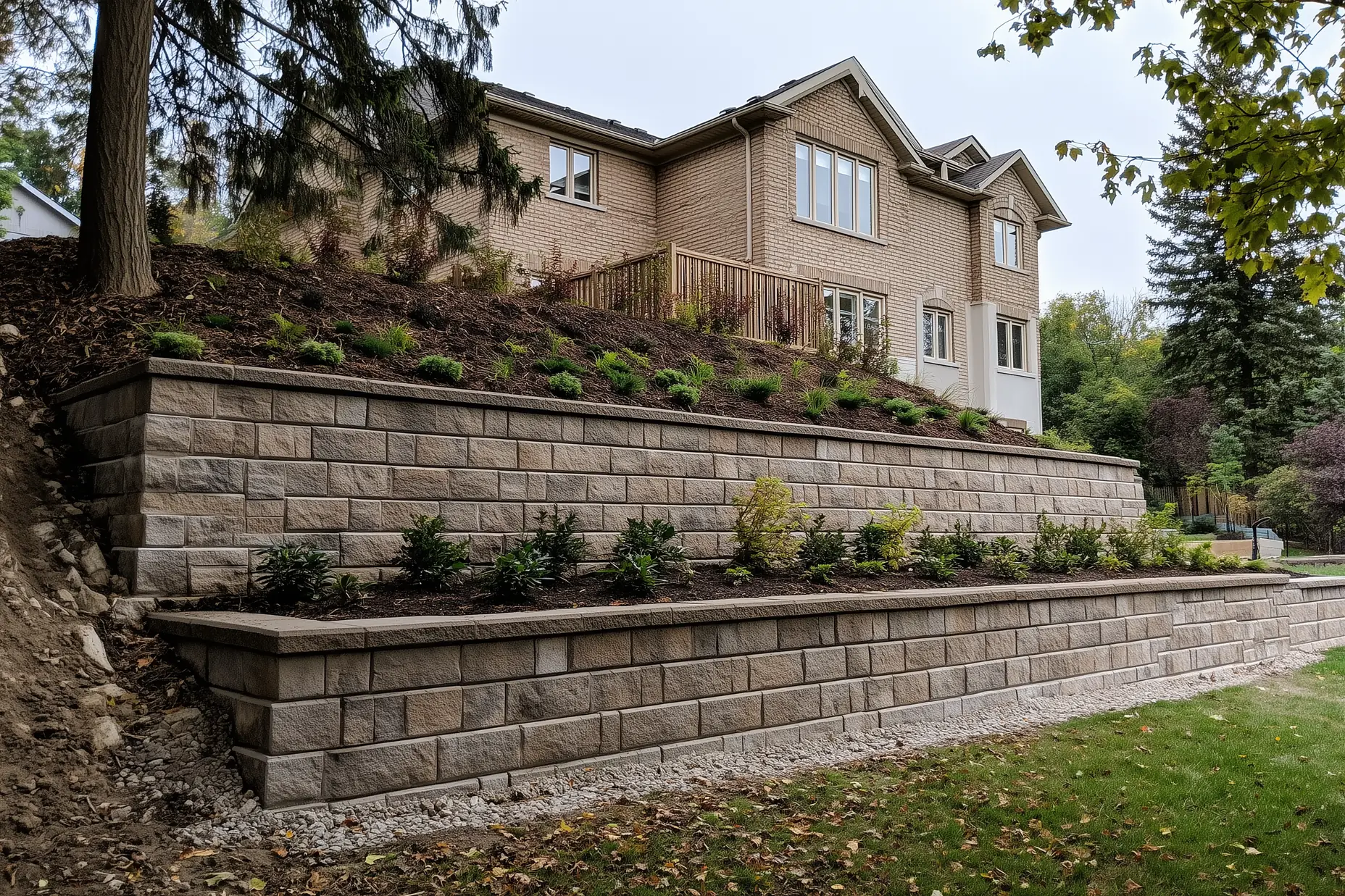 Tall engineered concrete block retaining wall over six feet high on a steeply sloped residential lot in the GTA