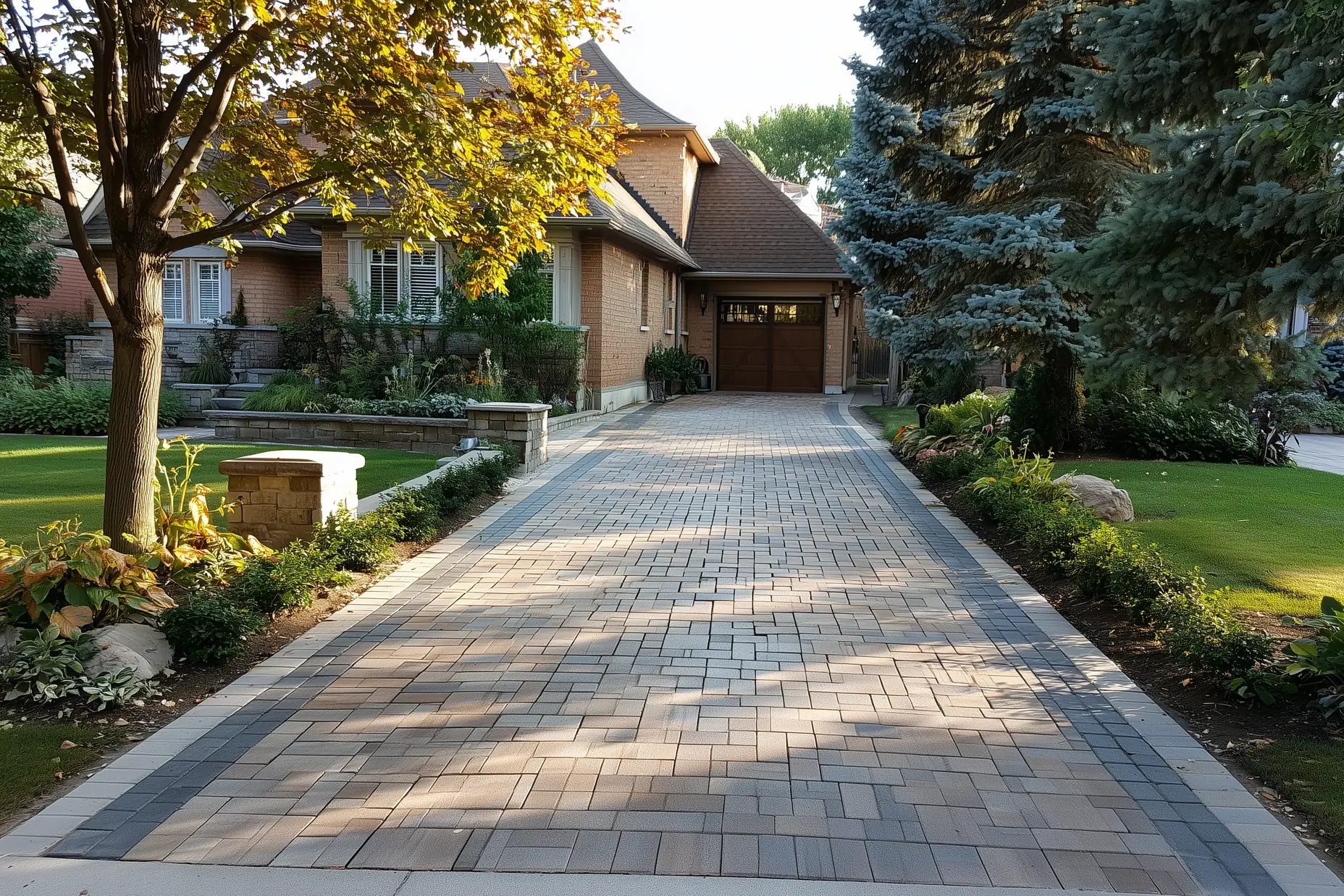 Completed interlock driveway with tight joints and clean soldier course border at a brick home in Vaughan