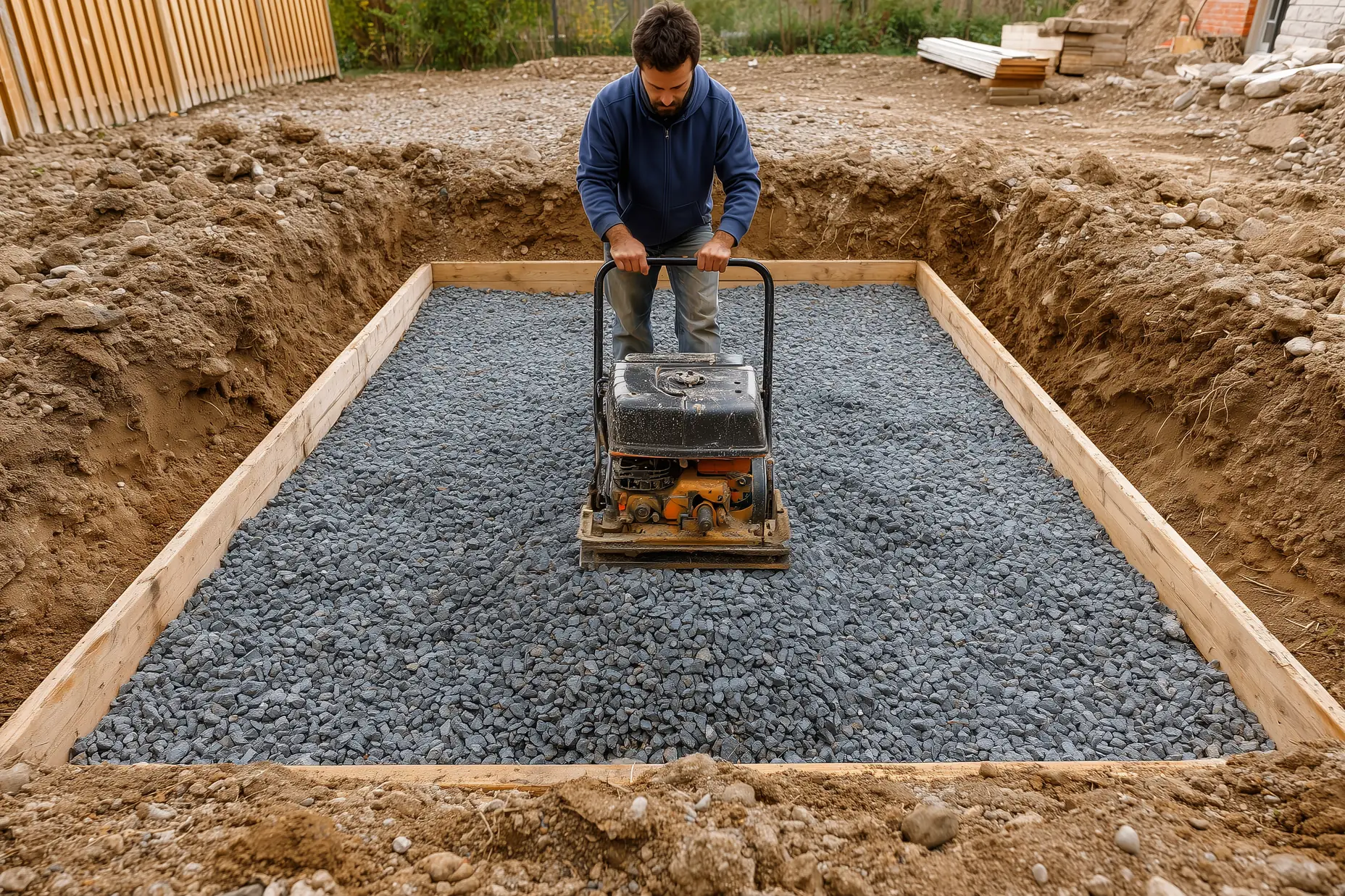 Plate compactor operating on crushed stone granular base inside an excavated patio area at a GTA residential property