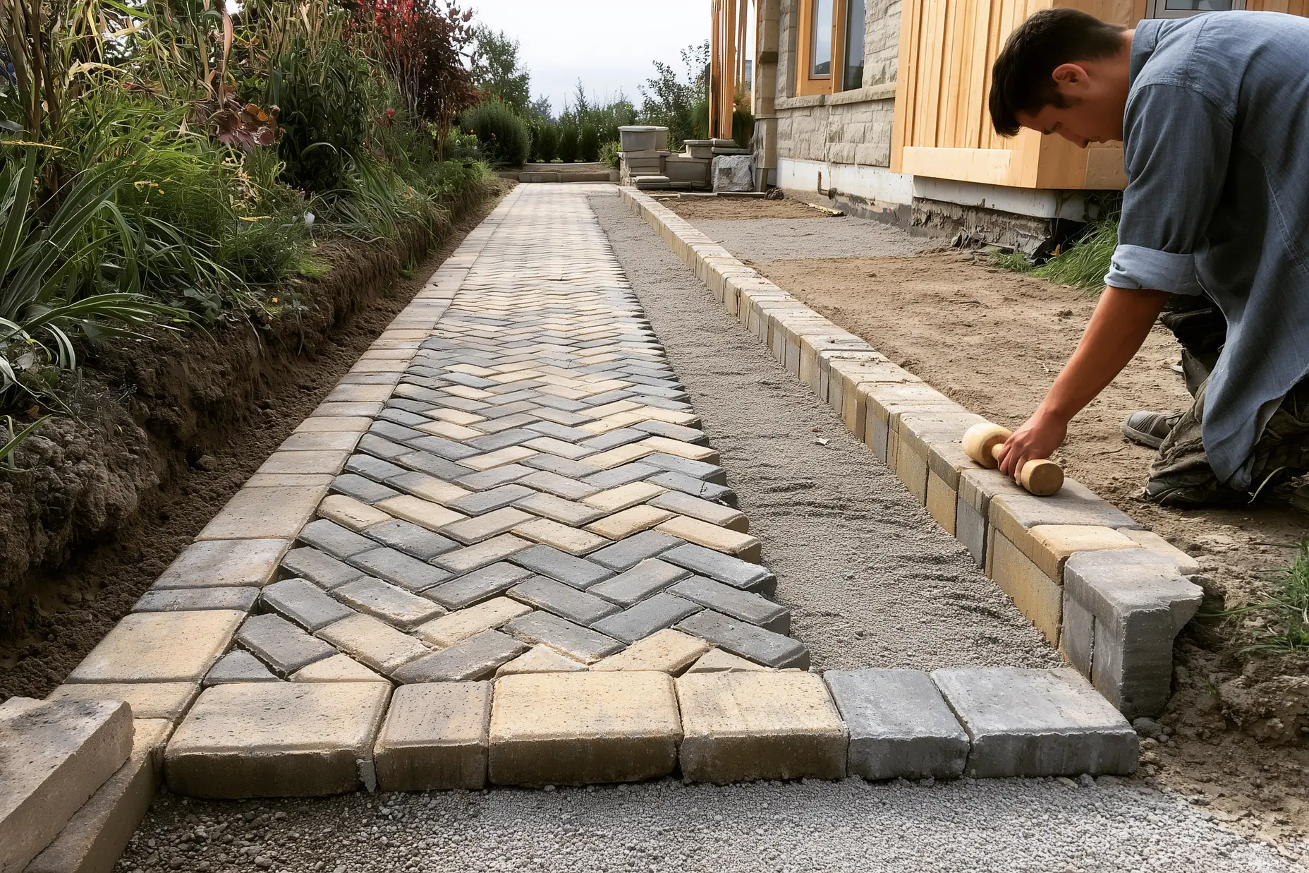 Interlocking pavers being set in herringbone pattern on a compacted granular base at a GTA property