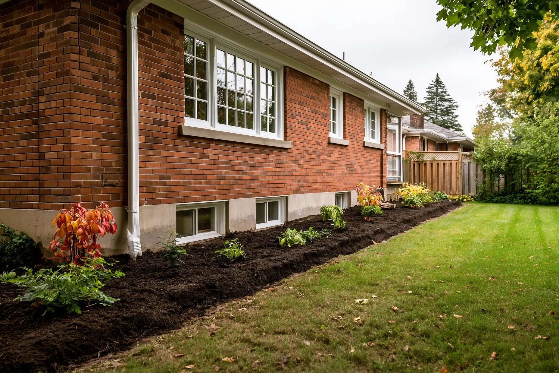 Fresh topsoil graded to slope away from a brick home foundation on a GTA residential property