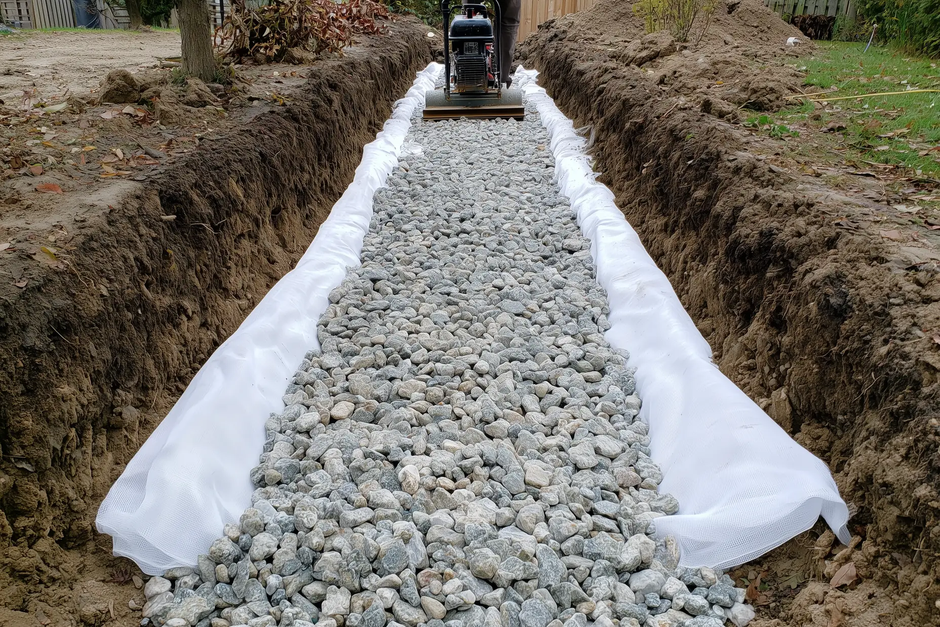 Open walkway excavation showing geotextile fabric and granular base being compacted at a GTA property