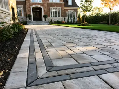 Interlock driveway with charcoal border course and grey field pavers at a Richmond Hill brick home
