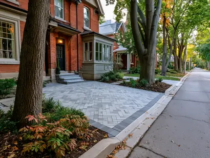 Herringbone pattern light grey interlock driveway at a brick Toronto semi-detached house
