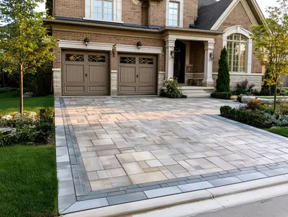 Wide interlock driveway with large-format rectangular slabs in mixed grey tones at a newer Vaughan home