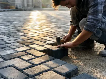 Worker tapping charcoal interlock paver into place in herringbone pattern, bedding sand layer visible at open edge