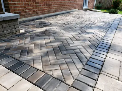 Herringbone interlock concrete paver patio with charcoal border at a Toronto residential backyard