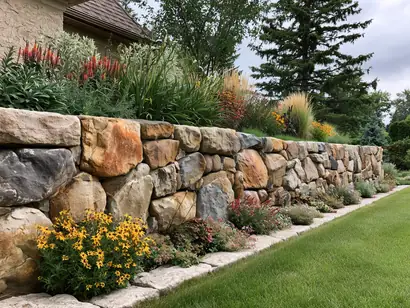 Natural stone retaining wall in a suburban Ontario backyard