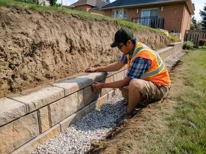 Worker placing concrete retaining wall block along the first course, gravel drainage layer visible at base of excavation