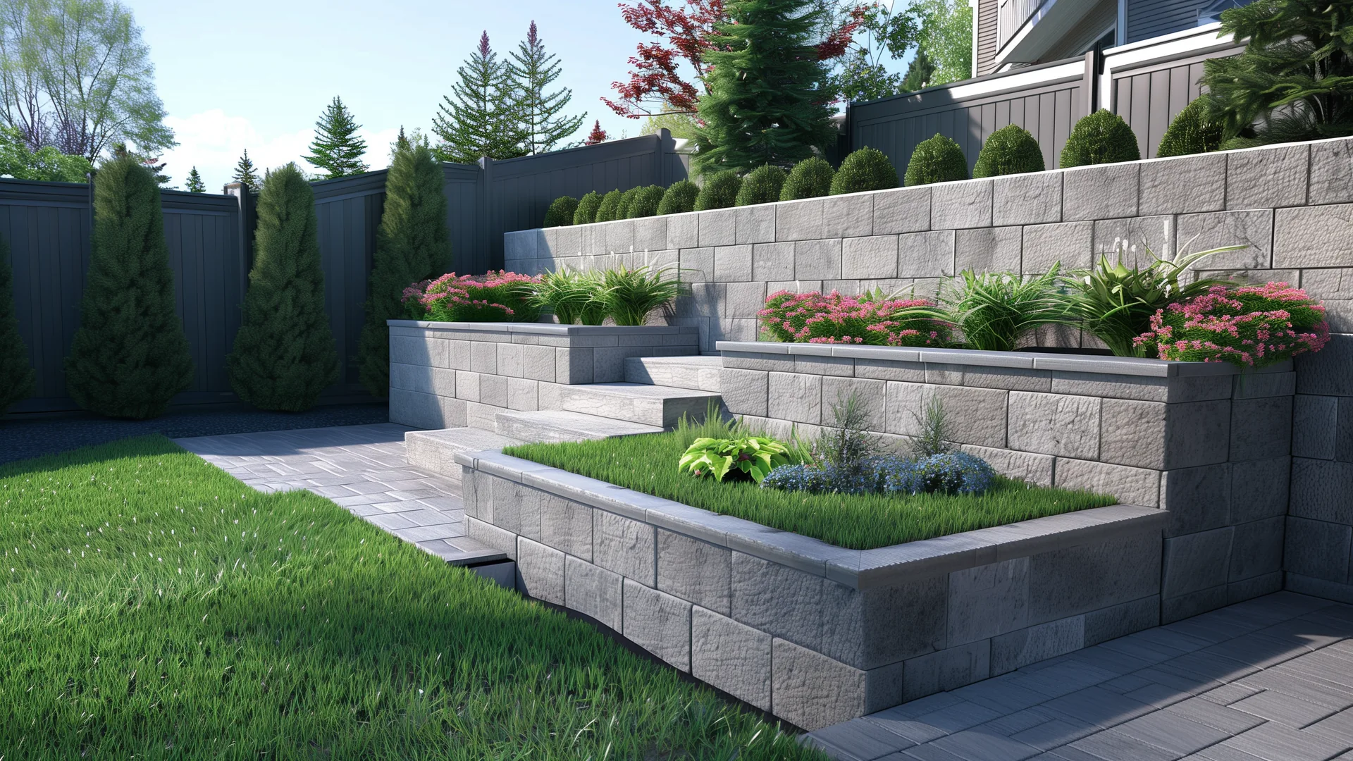 Natural stone retaining wall construction on a Toronto residential property