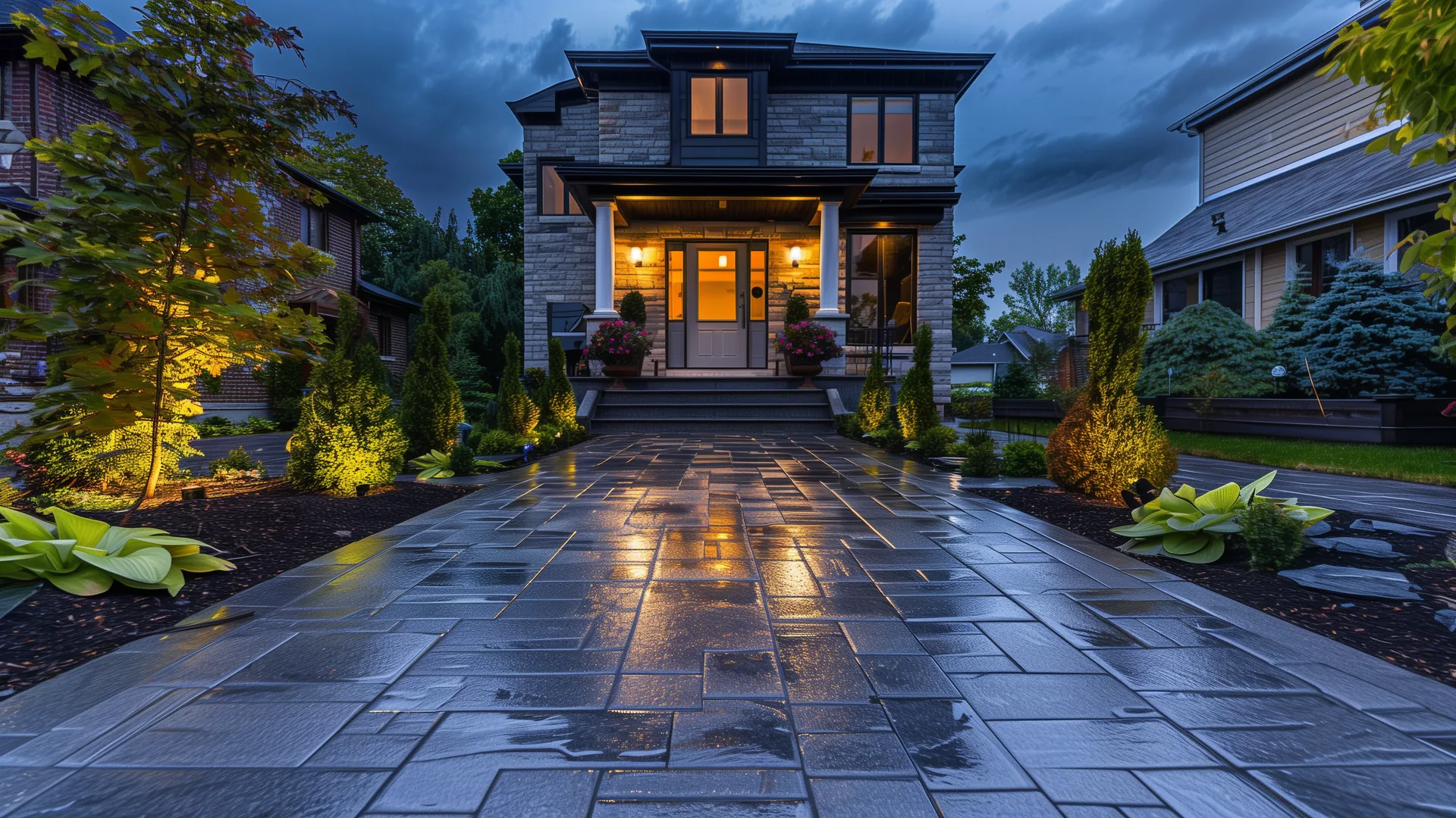 Interlocking stone walkway leading to a GTA front entrance