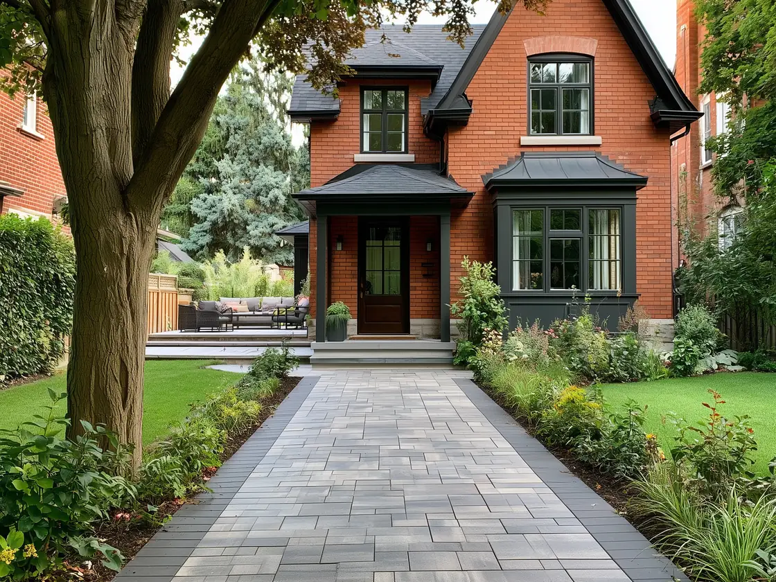 Completed interlock driveway and natural stone backyard patio at a GTA brick house, summer