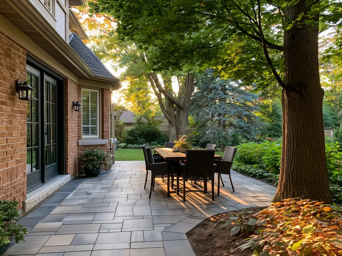Completed interlock stone patio with outdoor dining set in a Richmond Hill backyard, summer afternoon light