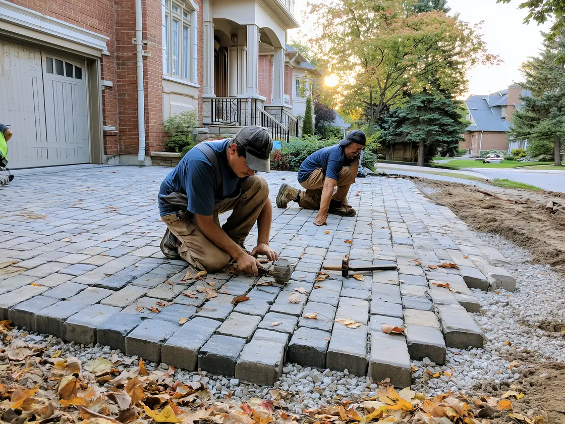 Two workers kneeling to set grey interlock pavers on a compacted granular base at a Richmond Hill residential driveway